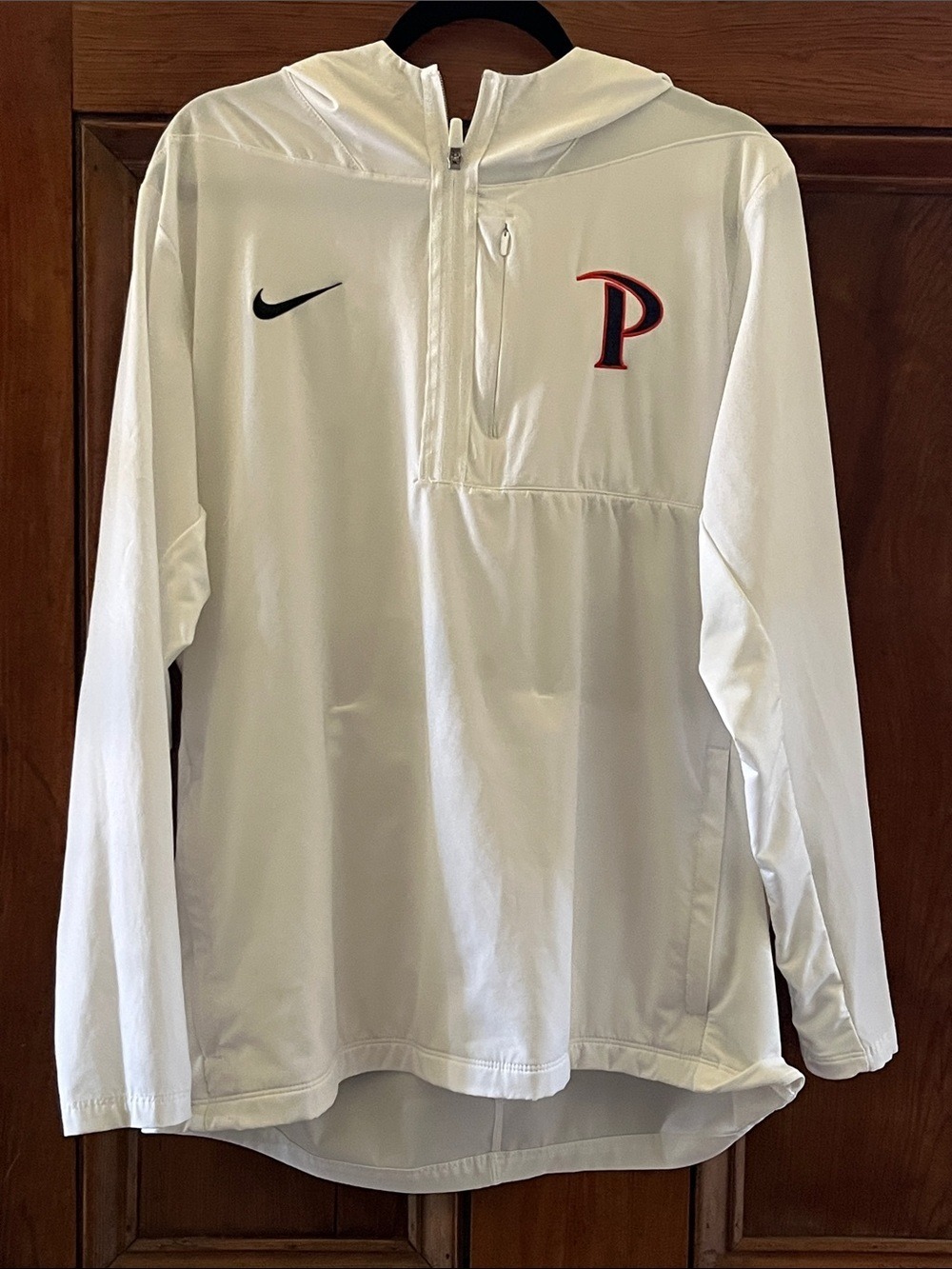 Nike White Hooded Pullover with Navy Swoosh and Navy 'P' Patch